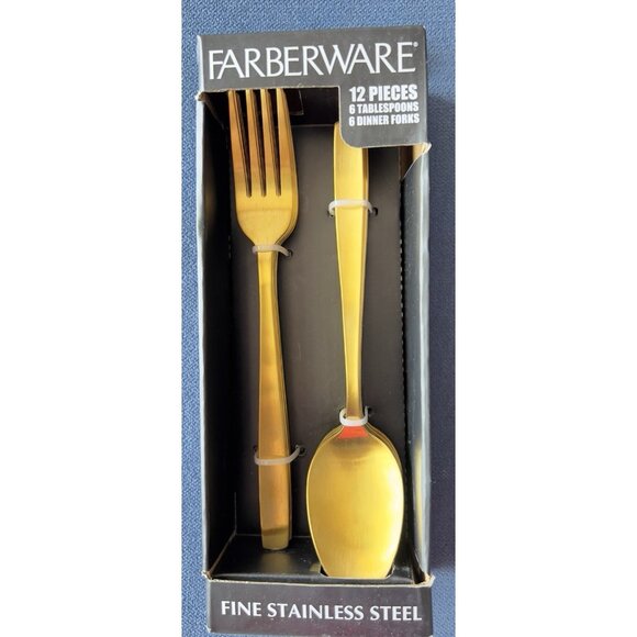 Farberware 12 pc Stainless Steel Gold Tone 6 Spoons and 6 Forks Dishwasher Safe - Picture 1 of 4